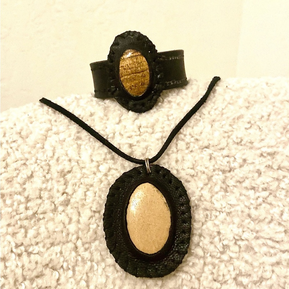 Natural Picture Jasper leather cuff and natural Sandstone necklace.